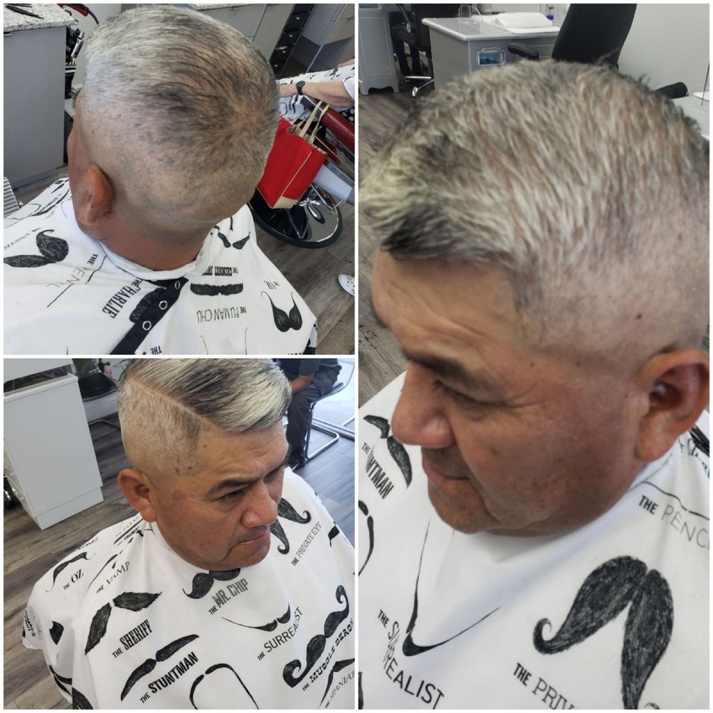 Four views of a silver grey men's haircut with a tapered side